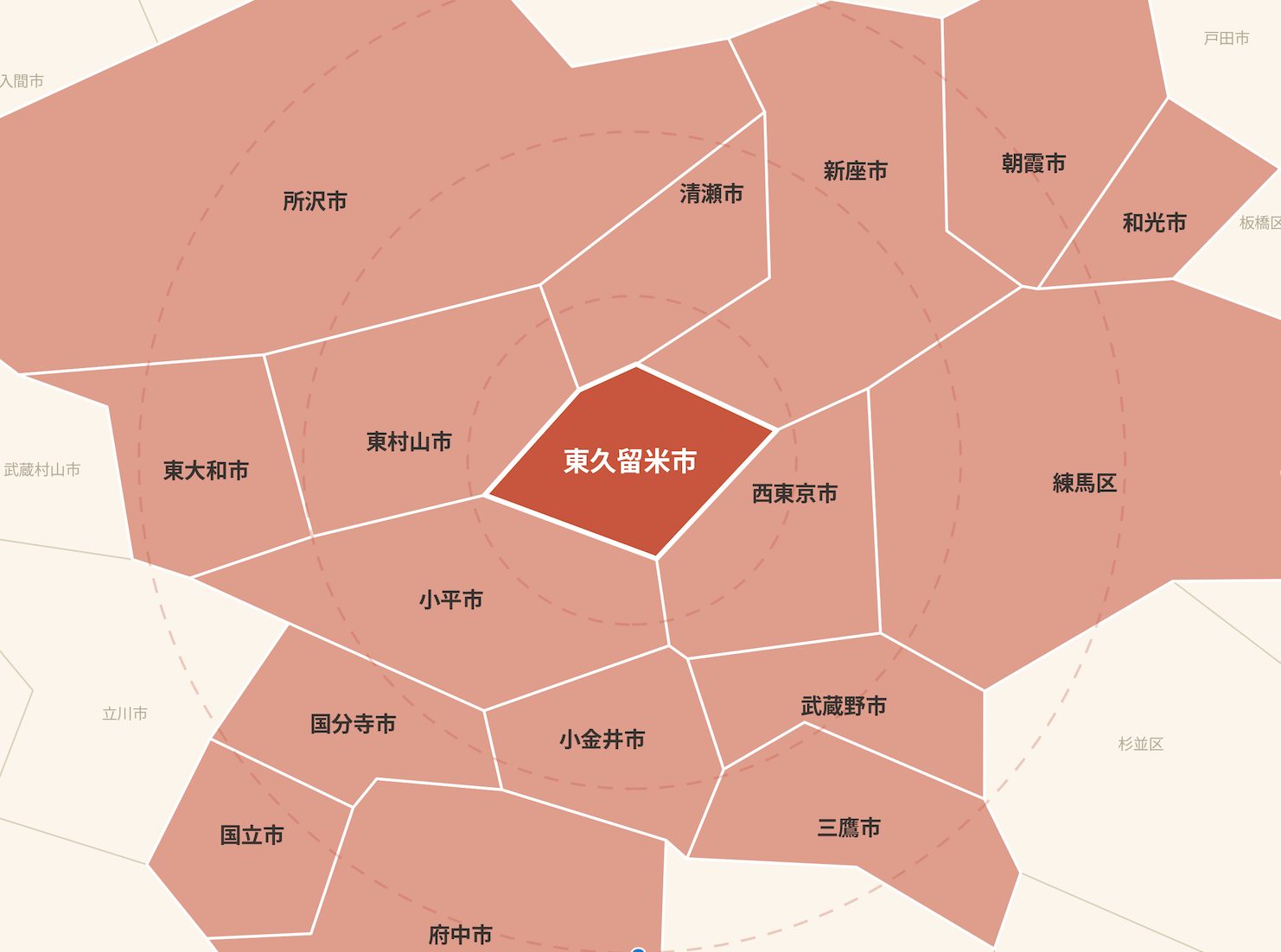 東久留米市の当院と周辺市区の位置関係を示した参考図